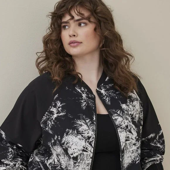 TORRID LOVESICK COLOR BLOCK BOMBER STRETCH WOVEN PALMS BLACK Size 4x - Picture 2 of 8